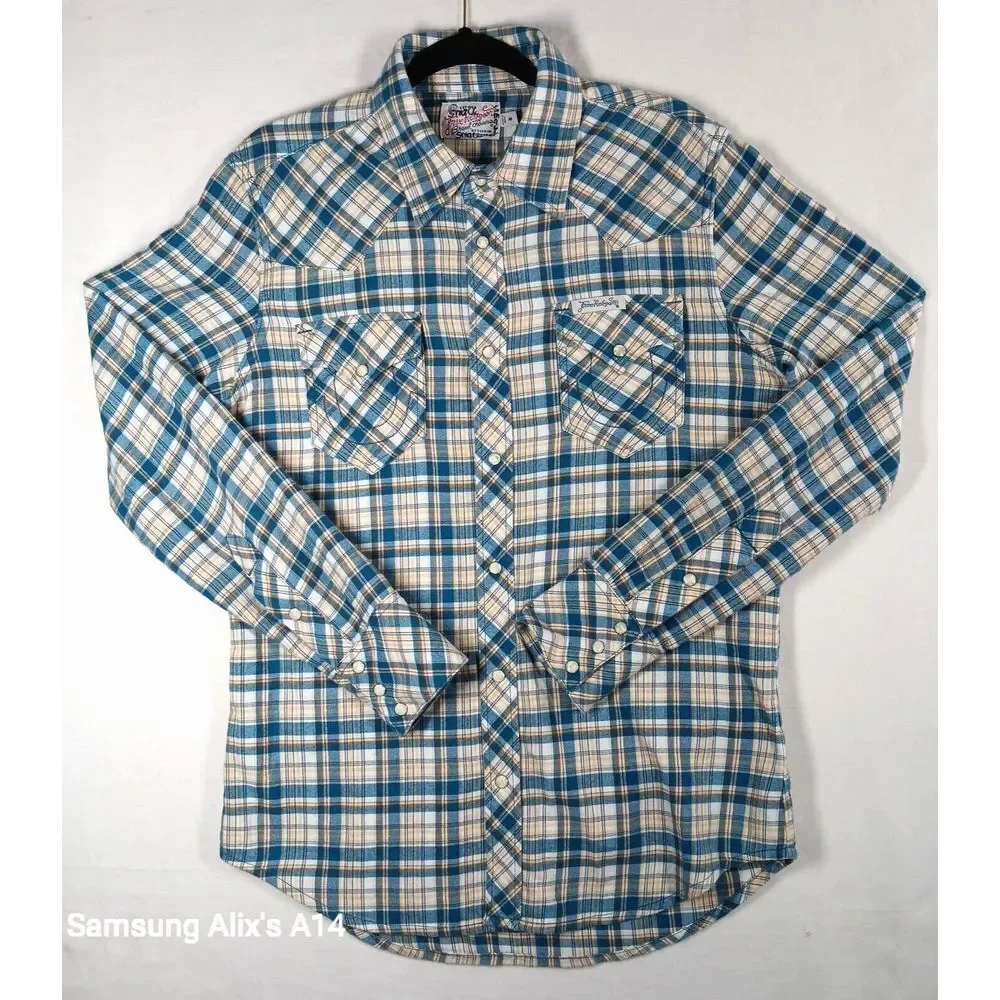 True Religion Men's Western Pearl Snap Plaid Long Sleeve Shirt Horseshoe Medium